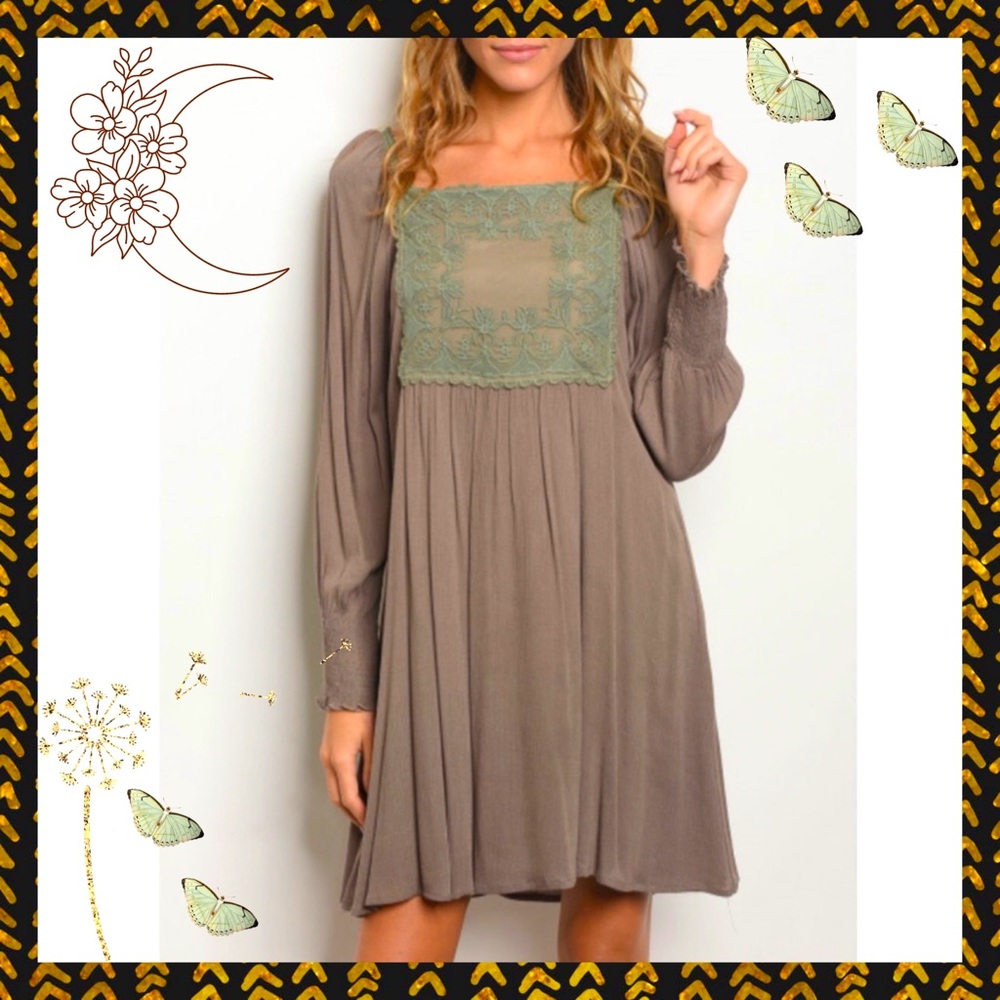 Babydoll Dress in Olive Creme with Chartreuse Lace Inset